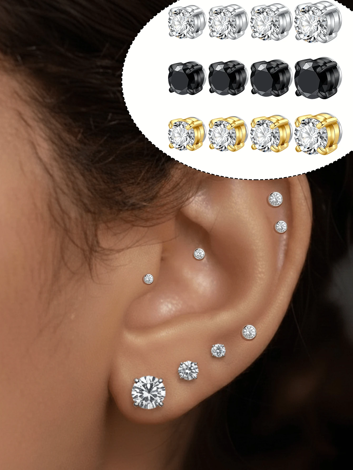 1对不锈钢耳夹假耳钉，男女通用，4/5/6/7mm鼻夹黑色假鼻钉，男女通用，无需穿孔的鼻环饰品，耳骨耳廓耳钉 - Fake Nose Stud - 查看 1