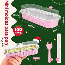 100 piezas Mini moldes para pan de papel de aluminio con tapas 6,8 oz 6,5x2,6x2 pulgadas tazas rectangulares desechables para hornear - Rosa Pálido - Ver 2