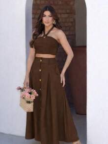 Women's Set: Long Skirt With Buttons And Pocket, Cropped Halter Top, Candy Colors, Fashion 2025, Elegant, Casual, Chic. - 卡其色 - 查看 2