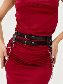 1pc Fashion Double-Layered PU Leather Belt For Women, Featuring A Single-Layer Chain Design, Perfect For Pairing With Casual Wear And Accentuating The Figure. - 彩色 - 查看 9