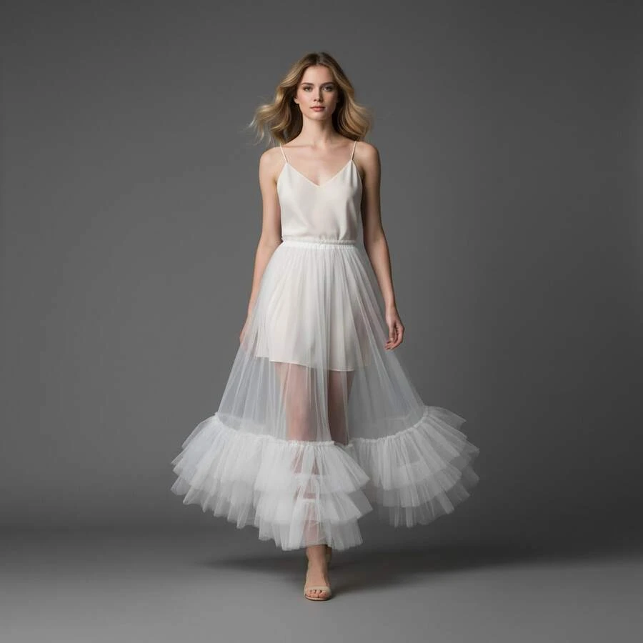 1件式多层薄纱荷叶边设计新娘衬裙，优雅浪漫简约轻盈婚纱/派对裙