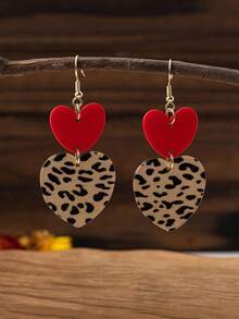 1 Pair Women's Leopard Print & Red Acrylic Heart Shaped Dangle Earrings, Exaggerated Nightclub Party Style Earrings Suitable For Daily Wear - Multicolor - View 1