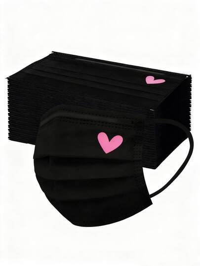 10/20/30-delars set med söta rosa hjärtmönster - elastiska, andningsbara svarta masker, lämpliga för kvinnor och tonåringar, tvättbara, moderna vardagsaccessoarer, intressant design, bekväma att bära, alla hjärtans dag-kostym