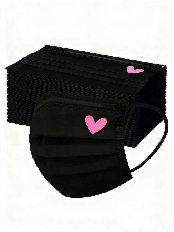 10/20/30pcs Set Cute Pink Heart Print Face Masks - Elastic Breathable Black Masks, Suitable For Women & Teens, Washable, Fashionable Daily Accessory, Interesting Design, Comfortable To Wear,Valentine's Day Costume