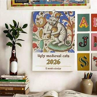 Väggkalender 2026 med fula medeltida katter - 12-månaders pappersplanerare med udda kattkonstverk inspirerade av historiska manuskript, jul- och nyårspresenter