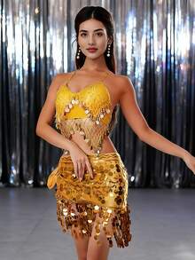 Belly Dance & Carnival Party Bra & Hip Scarf Set Halter Neck With Sequin Coin Tassel Dance Practice & Stage Party Outfit (Multiple Colors Available) - Multicolor - View 17