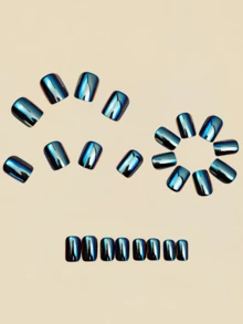 24 miếng dán móng tay phong cách Gothic ánh kim, decal trang trí móng tay màu xanh dương, miếng dán móng tay màu trơn cho mùa thu, dụng cụ làm móng. - Màu xanh hải quân - Xem 3