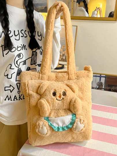 Butterbear Plush Handbag, Light Brown, Adorable 3D Bear Head Decor, Innovative Design, Plush Material With Satin Lining, Convenient Handle, Large Capacity, Ideal For Daily Use, Casual, Shopping, Outings, Perfect For Bear Lovers, Cartoon Fans, Young Women, Students, Office Workers, Also A Cute Gift For Friends/Loved Ones