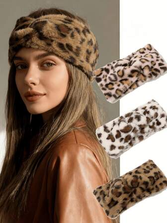 1/3 pièces Bandeau croisé en polaire imprimé léopard et chaud pour femmes, accessoires pour cheveux de mode pour l'automne/l'hiver