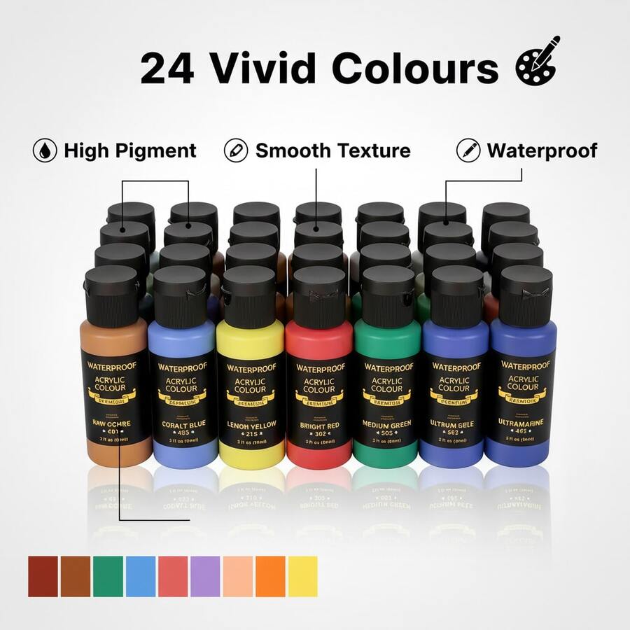 Bộ sơn acrylic 24 màu, chai 60ml/2oz, kèm 5 cọ vẽ, 1 mút xốp và 1 bảng pha loãng, màu sắc tươi sáng, không phai, thích hợp cho họa sĩ và người lớn, có thể dùng trên đá, vải bố, gỗ, vải, gốm sứ và đá tự nhiên. Bộ gồm 12/24 màu, mỗi chai 12ml sơn acrylic.