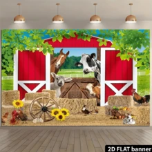Banner de fundal 2D plat, 1 buc., din fibră de poliester, pentru casă rurală - hambar roșu și scenă de primăvară cu animale, potrivit pentru grădină, petrecere de ziua de naștere și ședință foto, decor de petrecere în grădină, stil rustic fantezist, poliester - roșu - Vizualizare 2