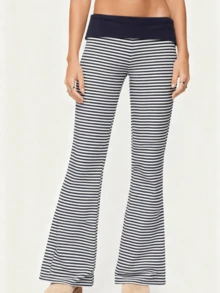 Womens Foldover Pants - Ultra Soft Stratum Tech Performance Striped Elastic Mid Rise Wide Leg Casual Lounge Yoga Pants - Dark Blue - View 3