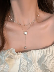 1pc Pearl Camellia Tassel Necklace, Delicate Choker Necklace Suitable For Valentine's Day Wear Or Gift To Friends