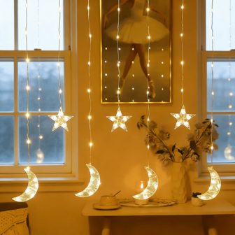 1 Piece Of 2-Meter 76 LED Starry Moon Curtain Decoration Light String, USB Power Supply, 8 Flashing Light Modes, Indoor Bedroom, Window, Wall Decoration Light String, Birthday, Party, Christmas, Ramadan, Home Decoration Starry Moon Light String, Living Room Decoration Starry Moon Light String