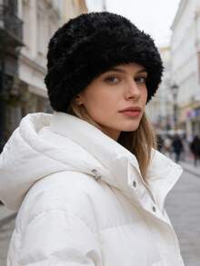 Women's Thick Thermal Lined Warm Faux Fur Ear Protection Knit Hat, Versatile Casual Polyester Soft Beanie Cap, Solid Color, Suitable For Autumn/Winter - Hat - View 2