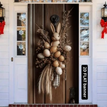 2D baner na drzwi, 1 sztuka, wiejska girlanda z wielkanocnym zajączkiem i jajkiem, poliestrowa, świąteczna zawieszka ścienna 2D, nie wymaga prądu, świąteczna dekoracja drzwi w stylu wiejskim, odpowiednia na zimę - Wielokolorowe - Zobacz 2