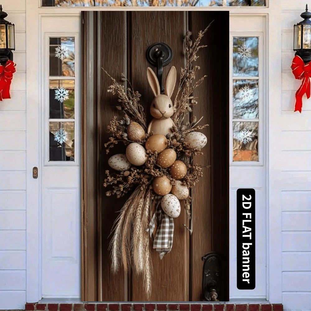 2D baner na drzwi, 1 sztuka, wiejska girlanda z wielkanocnym zajączkiem i jajkiem, poliestrowa, świąteczna zawieszka ścienna 2D, nie wymaga prądu, świąteczna dekoracja drzwi w stylu wiejskim, odpowiednia na zimę