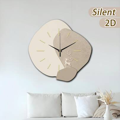 1pc Wooden Creative Clock Gift, Decorative Surface With Deer Silhouette Design, Simple White Background With Gold Accents, Available In 11.81-15.75 Inch, Battery Operated (Batteries Not Included), Suitable For Study, Kitchen, Office, Cafe, Christmas, New Year, Mother's Day, Father's Day, Wedding, Friends, Home Decor