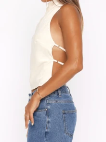 Women's Halter Neck Satin Tops Sleeveless Backless Solid Color Slim Fit Tops Summer Shirts - White - View 3