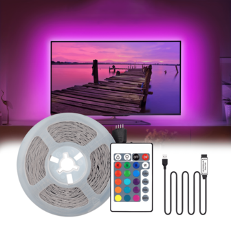 Un rollo de tiras de luces LED de 5V. Incluye un control remoto infrarrojo de 24 teclas - RGB 3535. Regulable, cortable, autoadhesivo, alimentado por USB. Una opción ideal para la decoración del hogar, habitaciones, salas de estar y dormitorios.