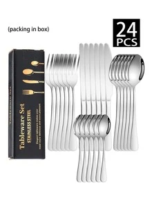 4/16/24pcs Stainless Steel Cutlery Set, Includes Knives, Forks, Spoons, Dessert Spoons, Suitable For Home Kitchen, Hotel Restaurant, Holiday Gifts, Etc. - Silver - View 11