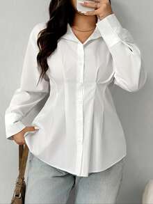 Áo sơ mi dài tay cổ bẻ màu trơn thanh lịch dành cho nữ cỡ lớn - trắng - Xem 4
