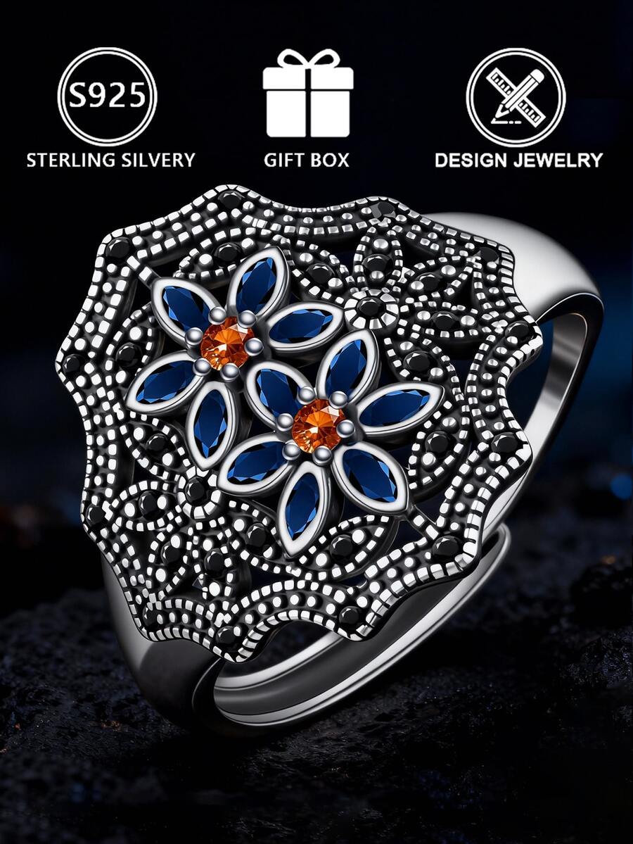 1pc S925 Sterling Silver Women's Fashion Ring, Creative Vintage Floral Pattern Cubic Zirconia Inlaid, Low Allergy, Gift For Family, Friends, Valentine's Day, Birthday, Holiday - Antique Silver - View 1
