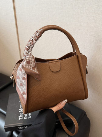 1pc, Versatile Fashion, Niche Design, Hand-Held Bill Of Lading Shoulder Crossbody Bag, Solid Color Pu Fabric Hardware With Silk Scarf Decoration, Adjustable Shoulder Strap, Multi-Color Optional Square Bag, Suitable For Ladies' Daily Commuting And Going Out Shopping.