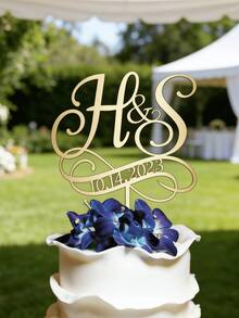 1/3/5pcs Customized Letter Cake Topper Initial And Date Cake Decoration For Wedding Engagement Party Bridal Shower Anniversary Gold Mirror Acrylic, Personalized Monogram - Multicolor - View 5