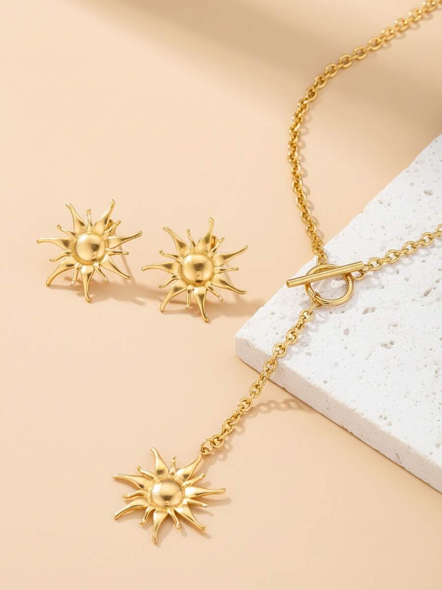 Stainless Steel Sunflower Jewelry Set Warm Gold Star Details Y-Shaped Hot Girl Version Music Festival/Street Shooting Scene Retro Niche Design Does Not Bump Accessories.