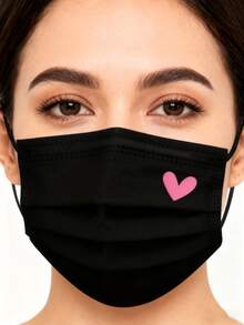 10/20/30pcs Set Cute Pink Heart Print Face Masks - Elastic Breathable Black Masks, Suitable For Women & Teens, Washable, Fashionable Daily Accessory, Interesting Design, Comfortable To Wear,Valentine's Day Costume