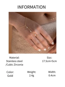 1pc Stainless Steel Luxury Personalized Zirconia Chain Minimalist Versatile Finger Chain Bracelet, Beach Accessory - Gold - View 6