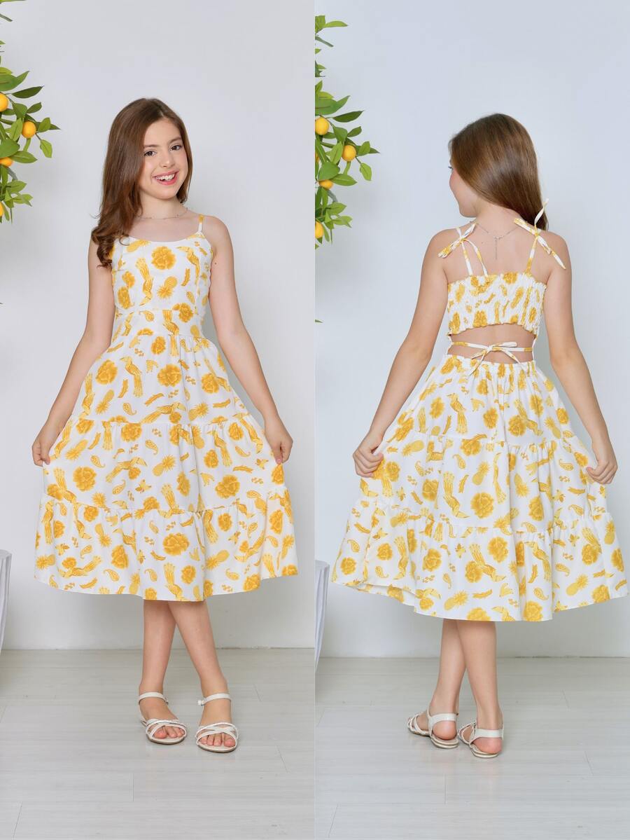 Girls' Midi Dress | Printed Midi Dress With Back Bow And Thin Straps | Girls' Teen Fashion Sizes 10, 12, 14, 16 |  And Delicate Style Girl's Dress | Lightweight And Comfortable Flared Midi Dress | Teen Girl's Dress For Parties, Outings, And Everyday Wear | Charming Girls' Clothing | Dress With Back Tie And Layered Skirt | Midi Dress For Pre-Teen And Teen Girls | Colorful Girls' Dress In Yellow, Orange, Green, And Blue | Elegant And Modern Teen Girl's Clothing | Dress For Birthdays, School Parties, Family Outings | Girls' Dress For Spring/Summer | Girl's Dress With A Loose Fit And Lightweight Fabric | Stylish Teen Girl's Look | Comfortable Midi Dress For Everyday Wear | Ideal Gift For Stylish Girls | Sophisticated And Cheerful Girls' Teen Fashion - 奶油黃 - 查看 1