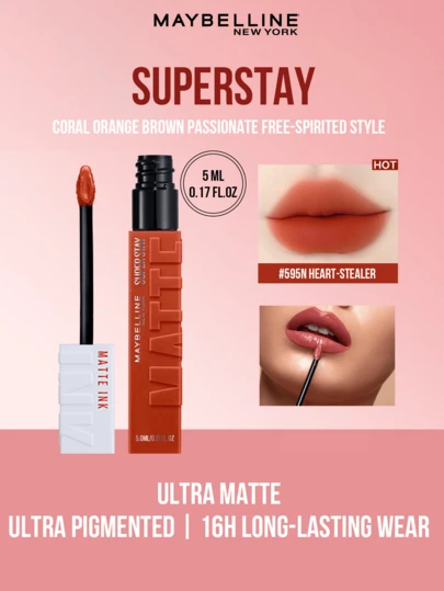 SUPERSTAY Ultra-Matte Liquid Lipstick #595N, 5ml/0.17 Fl Oz, Best-Selling Shade, Ultra-High Color Payoff, Long-Lasting Up To 16 Hours, Velvety Matte Finish, Smooth & Comfortable Texture, Perfect Lip Contouring, Vivid Color, Subtle Vanilla Scent, Easy Application, Ideal For Beginners, Students, Office Workers, Daily Makeup, Dates, Parties, And Special Occasions, Perfect Gift For Friends And Girlfriends