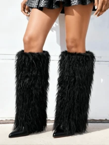 Y2K Style EdgyElongate Women's Winter Furry Snow Boots Women's Knee High Boots Faux Fur Shoes Pointy Toe Chunky Heel Cowboy Fashion Warm Fluffy Shoes - 黑色 - 查看 1