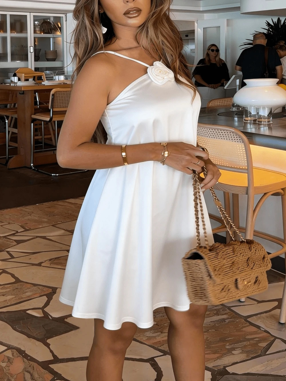 Women's White One Shoulder Mini Dress, Rose Detail Fit And Flare Dress ...