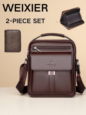 WEIXIER 2 件男士单肩包套装：1 个邮差包，1 个斜挎包。PU 皮革材质，多口袋大容量，可调节肩带，便携，新商务风格复古简约时尚包，适合办公室工作、学校、商务旅行、购物、送给朋友和家人的礼物腰包圣诞节假期感恩节礼物钱包皮包复古包情人节斜挎包贴纸夏季返校情人节礼物复古夏季包春假礼物包斜挎包复古包学校用品