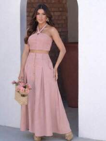 Women's Set: Long Skirt With Buttons And Pocket, Cropped Halter Top, Candy Colors, Fashion 2025, Elegant, Casual, Chic. - 卡其色 - 查看 4