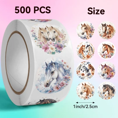 500pcs/Roll Happy New Year Horse Pattern Stickers, 8-10 Assorted Circular Designs, 2.5cm/1.0in, Ideal For Gift Decoration, Packaging, Stationery And More