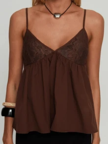Women's Ruffle Trim Camisole Sleeveless Adjustable Spaghetti Strap V Neck Lace Patchwork Going Out Party Tank Top - nâu sẫm - Xem 5