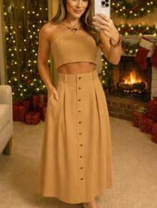 Women's Halter Cropped Set With Padded Cups And Elastic Back, Long Skirt With Pockets And Gold Front Buttons, Elegant And Modern Candy Colors, Summer 2025 Fashion - Nước xanh - Xem 9