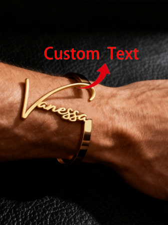 1 pieza Pulsera personalizada con nombre, accesorio de muñeca de acero inoxidable con placa de identificación personalizada de moda punk para hombres; Pulsera ajustable abierta con firma cursiva personalizada; Pulsera punk de hip hop; Regalo de joyería personalizada para novio, amigo, cumpleaños familiar