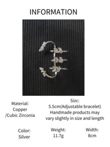 1 件可调节叶子锆石戒指，高端欧美风格水钻手链，百搭女士珠宝 - 銀色 - 查看 5