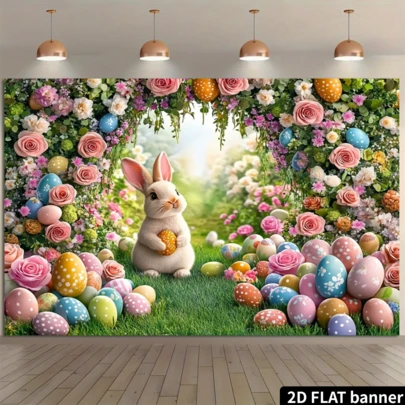 1 Easter Bunny And Floral Egg Polyester Photography Background, Spring Holiday Decoration, Photo Booth Props, Party And Home Decoration, Bright Soft Colors, Durable Polyester Material, Holiday Home