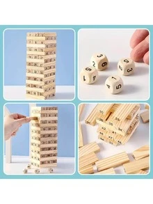 1pc Creative Pine Wood Digit Building Blocks 54pcs, Wooden Color Stress Relief Wooden Toy, Wooden Tower Stacking Game, Flip And Roll Game, Birthday Gift [Random Delivery]