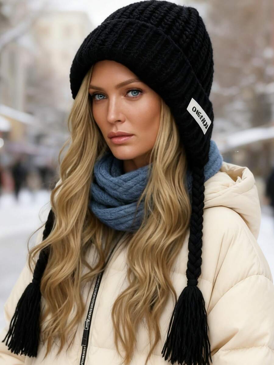 1顶纯色编织针织帽，多功能大帽围保暖帽，男女通用秋冬保暖护耳滑雪帽，男女皆宜 - 彩色 - 查看 1