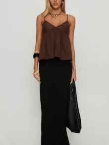 Women's Ruffle Trim Camisole Sleeveless Adjustable Spaghetti Strap V Neck Lace Patchwork Going Out Party Tank Top - nâu sẫm - Xem 7