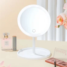 Espejo de maquillaje, espejo de maquillaje LED, espejo de maquillaje LED recargable y portátil, diseño inalámbrico, compacto y portátil, brillo ajustable, incluye una bandeja de almacenamiento para un uso cómodo en el escritorio, diseño moderno y multifuncional, adecuado para uso doméstico, imprescindible para viajar. - Blanco - Ver 4