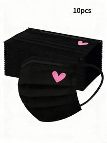 10/20/30pcs Set Cute Pink Heart Print Face Masks - Elastic Breathable Black Masks, Suitable For Women & Teens, Washable, Fashionable Daily Accessory, Interesting Design, Comfortable To Wear,Valentine's Day Costume