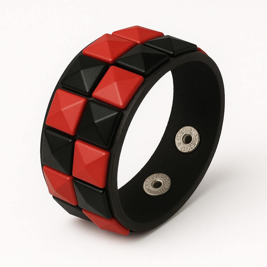Emo Scene Bracelet 2-Row Spike Pyramid Checkered - Red - View 1